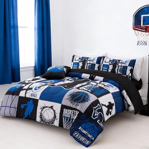 Aimuan Sports Geometric Grid Black Patchwork Basketball Printed for Boys Twin 6Pcs Bed in A Bag Black and Blue Comforter Bedding Set Twin Size, Blue