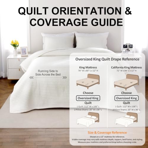 Oversized King Quilt Set 112 x 106 in, Lightweight, Cream White
