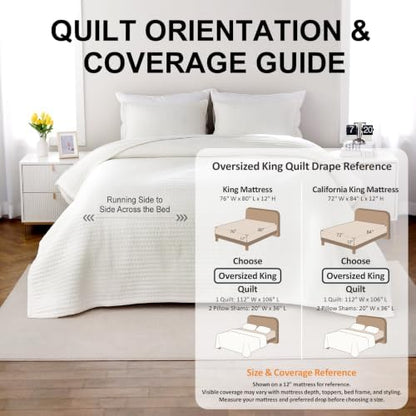Oversized King Quilt Set 112 x 106 in, Lightweight, Cream White