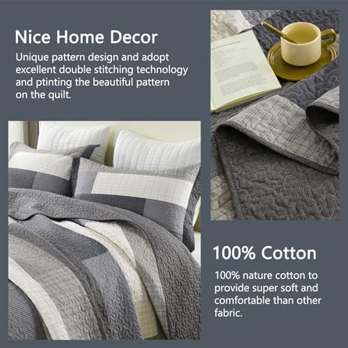 Finlonte King Quilt Bedding Set - 100% Cotton King Quilt Sets with 2 Pillowshams, Farmhouse Plaid Stripe Quilted Bedspread, Lightweight Soft Comforter for All Season, Charcoal/Brown/Beige/Gray