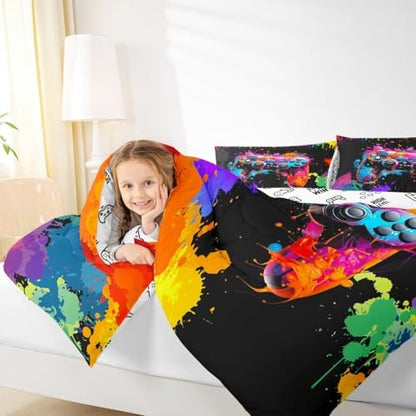 Watercolor Gamepad Comforter Set,Colorful Tid-dye Bedding Set for Kids Girls Women,Adults Modern Video Games Reversible Comforter,Hip-hop Style Quilted Duvet Set Bedroom Collection Twin Size 2Pcs