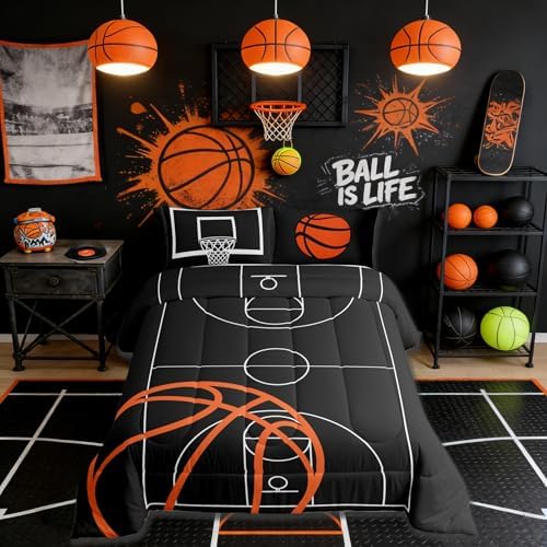 Castle Fairy Basketball Court Print Comforter Set for Kids Boys,Ball Sports Games Themed All Season Cozy Bedding Set Twin Size,Orange Basketball and Hoop Quilt Set Home Decor,Children Birthday Gift