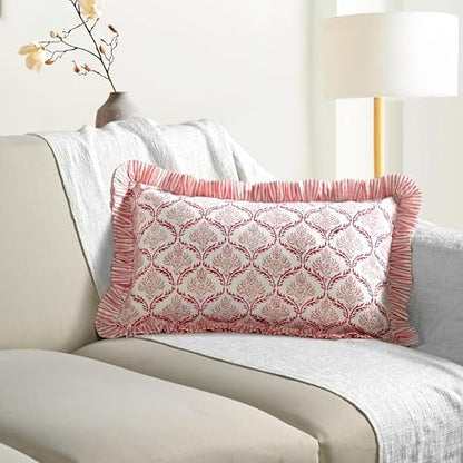 CPC Block Print Blush Rose Ruffle Cotton Lumbar Pillow Cover 12x20 inch