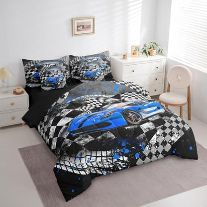 Blue Racing Car Comforter Set 7 Pieces,Fast and Furious Extreme Sport Games Bed Set,Sports Car Bedding Bed in a Bag,Full (1 Comforter,2 Pillowcase,2 Pillow Covers,1 Flat Sheet,1 Fitted Sheet)