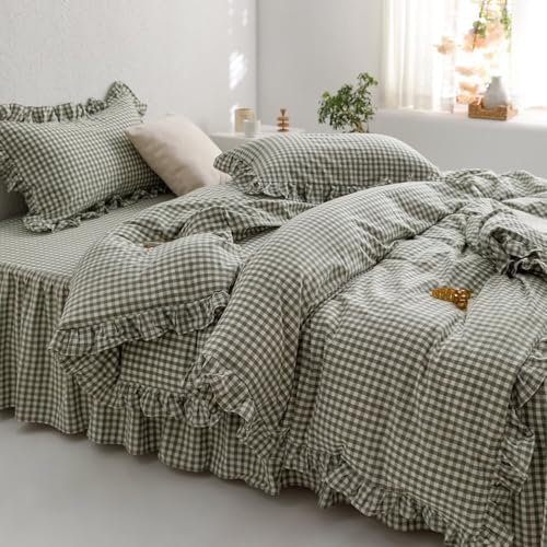 mixinni Green Gingham Ruffle Duvet Cover Twin XL Size 3 Pieces – 100% Washed Cotton, Vintage Plaid Ruffled Bedding Set with Zipper Ties, Soft Checkered Grid Farmhouse Chic Comforter Cover Set