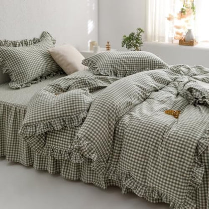 mixinni Green Gingham Ruffle Duvet Cover Full Size 3 Pieces – 100% Washed Cotton, Vintage Plaid Ruffled Bedding Set with Zipper Ties, Soft Checkered Grid Farmhouse Chic Comforter Cover Set