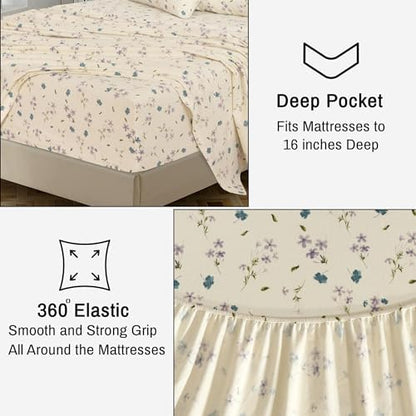RUVANTI 100% Cotton Flannel Sheets Split King Size, Jasmine Stamp Cream