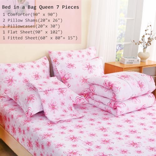 lasoftan Floral Queen Comforter Set with Sheets, 7 piece Luxury Vintage Bedding, Soft Microfiber Bed in a Bag, Cozy Lightweight Bed Set, Pink Floral