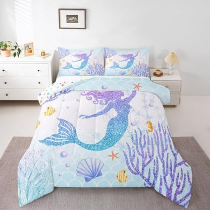 Castle Fairy Mermaid Bedding Set Full Size Rainbow Watercolor Glitter Comforter Set for Kids Girls Women Teens Room Decor, Mermaid Fish Scale Quilt Set Ocean Coral Shell Duvet Insert 3pcs