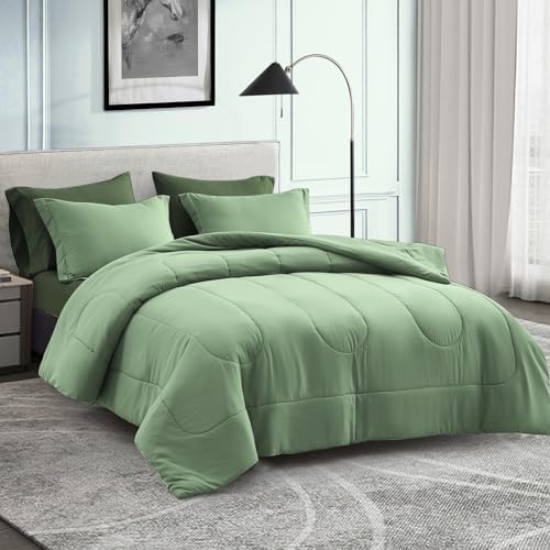 Maple&Stone Full Comforter Set 7 Pieces Bed in a Bag Sage Green Bed Set