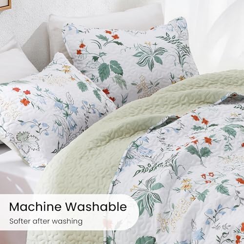 EXQ Home Printed Quilt Set Full Queen Size Green Leaves Bedspread Set