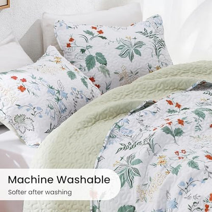 EXQ Home Printed Quilt Set Full Queen Size Green Leaves Bedspread Set