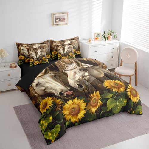 Erosebridal Rustic Horse Bedding Set Twin,Yellow Sunflower Comforter Set,Western Farmhouse(Comforter+Fitted+Flat Sheet+2 Pillowcases+2 Throw Pillow Covers) 7 Pieces Cowboy Cowgirls Bed Set