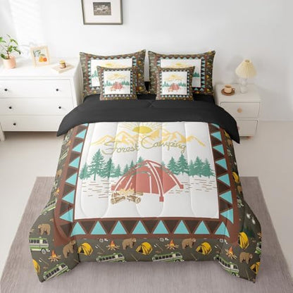 Erosebridal Camping 7 Piece Comforter Set Full Bed in a Bag,Vinatge Camper Accessories Bedding,Japanese Style Down Comforter,Mount Fuji Pattern Duvet Insert,Rustic Farmhouse Bear Sheet Set