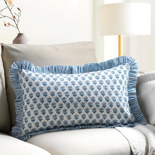 CPC Block Print Apatite Blue Ruffle Cotton Lumbar Pillow Cover 12x20 inch