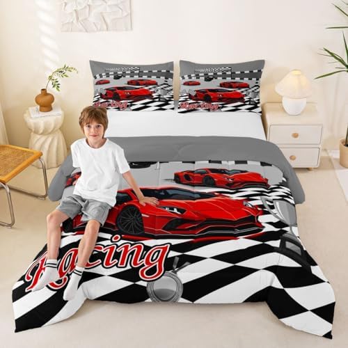 Feelyou Boys Sports Car Comforter Set King Size Red Speed Race Car Bedding Set for Kids Boys Girls Racing Extreme Sports Duvet Quilt Automobile Bedroom Decor Microfiber 3 Pcs with 2 Pillow Cases