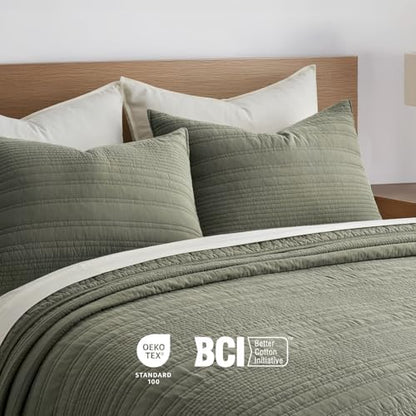 EVERGRACEHOME 100% Cotton Quilt Set Oversized Cal King, Olive Green