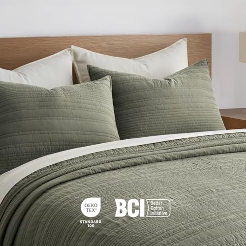 EVERGRACEHOME 100% Cotton Modern Lines Quilt Set Queen Size, Olive Green