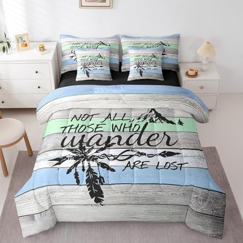 Erosebridal Happy Camping 7 Piece Bedding Set King,Camper Theme Comforter Set Bed in a Bag,Farmhouse Old Barn Door Sheet Set,Rustic Navy Blue Green Bedding,Arrow Camper Adventure Quilt