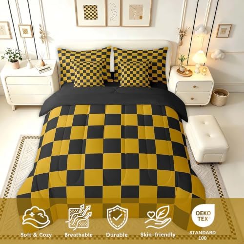 Feelyou Checkered 7 Piece Bedding Set Teen Yellow Black Plaid Comforter Set with Sheets Full Size Kids Boys Cute Retro Neutral Checkerboard Geometric Bed in a Bag Vintage Aesthetic Room Decor