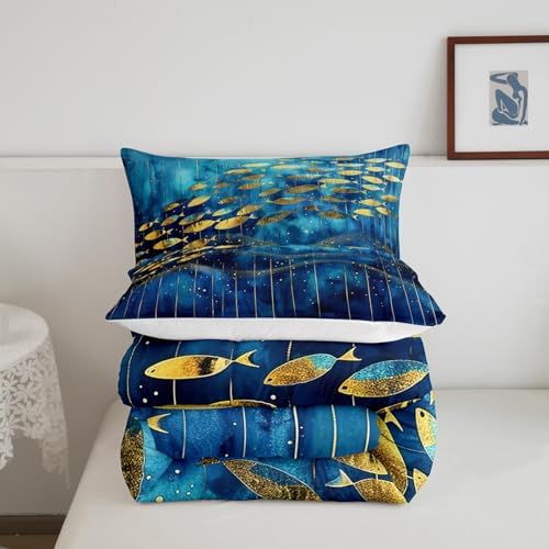 Homewish Gold Fish Silhouette Bedding Set Full Size,Blue Watercolor Comforter Set 3Pcs for Kids Girls Boys Teens Room Decor,Vintage Abstract Art Quilt Set Luxury Stripes Duvet Insert,2 Pillowcases