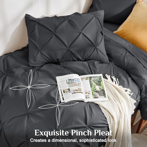 JOLLYVOGUE Twin Comforter Set 5 Pieces - Bed in a Bag Twin for All Season, Pintuck Bedding Comforter Sets with Comforter, Flat Sheet, Fitted Sheet and Pillowcases & Shams, Dark Grey
