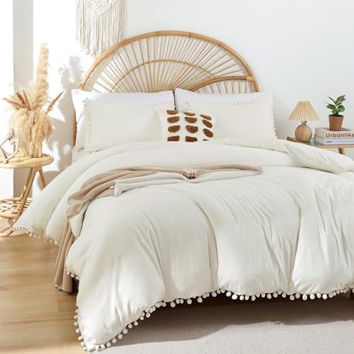 YIRDDEO Queen Comforter Set, Ivory Ball Pom Fringe Bedding Set 3 Pieces