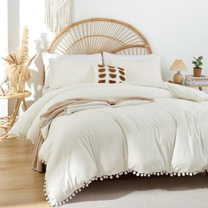 YIRDDEO Queen Comforter Set, Ivory Ball Pom Fringe Bedding Set 3 Pieces