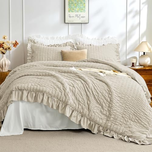 JOLLYVOGUE Linen Oversized Queen Comforter Set,3pcs Seersucker Bed Set