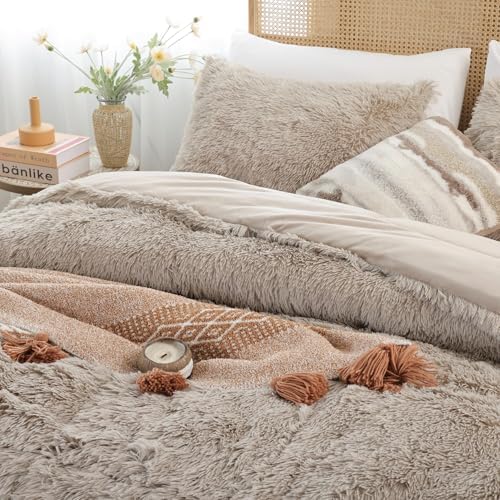 Smoofy Fluffy Full Size Comforter Set, Oatmeal Faux Fur Comforter Set 3 Pcs