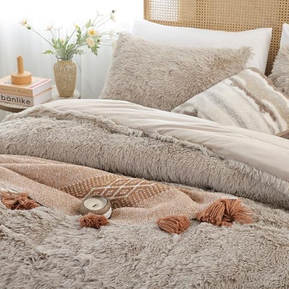 Smoofy Fluffy Twin Comforter Set, Oatmeal Faux Fur Comforter Set 2 Pieces
