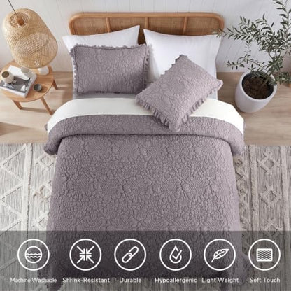 HORIMOTE HOME Shabby Chic Ruffled Quilt King Size,Grey Purple Stone-Washed Microfiber Lightweight Crinkled Farmhouse Rustic Bedding Set, 3 Pieces Reversible Bedspread with Pillow Shams for All Season