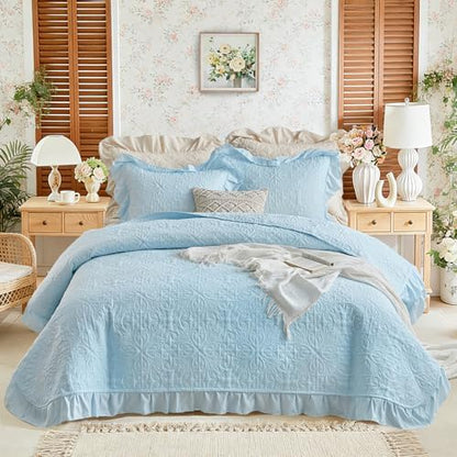 Ruffles Quilt Set Twin Size 68 * 86in - 2 Pieces Solid Shabby Chic Farmhouse Ruffled Bedding Rustic Coverlet Lightweight Fluffy Summer Oversized Bedspread with Shams for Women Men Light Blue