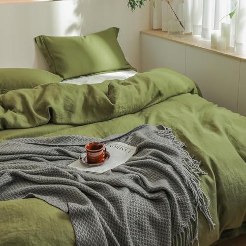 Simple&Opulence 100% French Flax Linen Duvet Cover Set with Embroidery Washed - 3 Pieces (1 Duvet Cover with 2 Pillow Shams) with Button Closure Soft Breathable Farmhouse - Olive, King Size