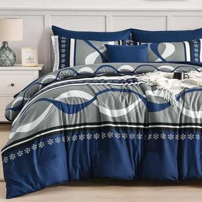 Anibedding Comforter Set California King Size,Navy Blue Bed in a Bag
