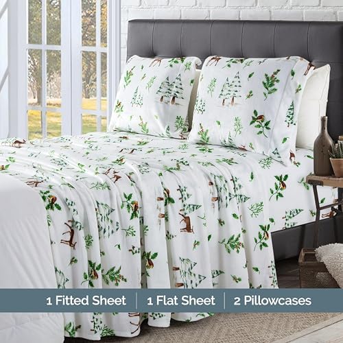Elegant Comfort Luxuriously Soft 4-Piece Holiday Velvet Plush Flannel Sheet Set - Premium Quality - Cozy Warm, Christmas Fuzzy Velvet Flannel Fleece Deep Pocket Sheet Set - Full, Enchanted Woods