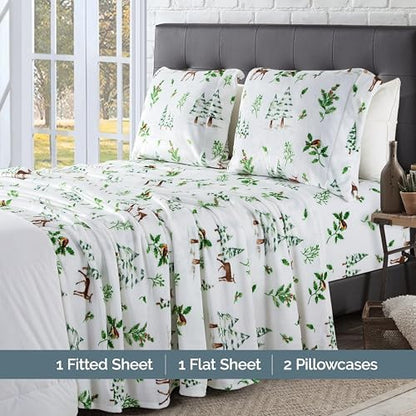 Elegant Comfort Luxuriously Soft 4-Piece Holiday Velvet Plush Flannel Sheet Set - Premium Quality - Cozy Warm, Christmas Fuzzy Velvet Flannel Fleece Deep Pocket Sheet Set - Full, Enchanted Woods