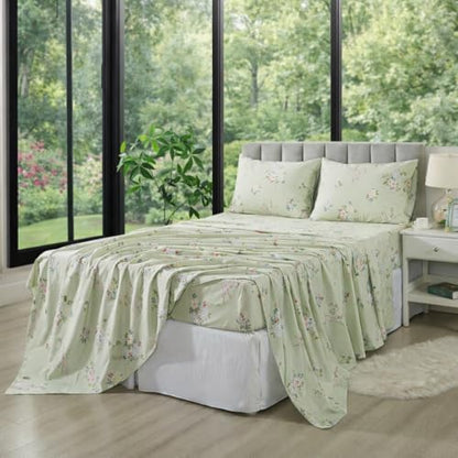 FADFAY King Size Sheets Floral Bed Sheet Set Percale Cotton Shabby Vintage Chic Rose Deep Pocket Sheets Sage Green Flower Printed Luxury Bedding Super Soft Breathable for King Size Bed 4 Pcs