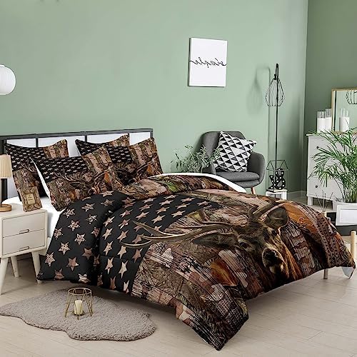 Tailor Shop Deer Comforter Sets Twin Size for Boys Kids Teens,American Flag Camo Bedding Sets Hunting Comforter Sets Woodland Moose Wildlife Forest Bed Set, with 1 Comforter 1 Pillowcase……