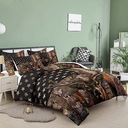 Tailor Shop Deer Comforter Sets King Size,American Flag Camo Bedding Sets for Boys Kids Teens Hunting Comforter Sets Woodland Moose Wildlife Forest Bed Set, with 1 Comforter 2 Pillowcase…