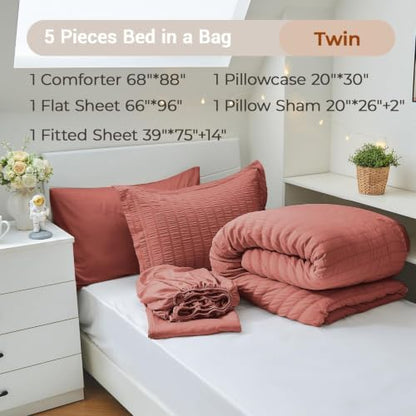 MUXHOMO 5 Pieces Twin Comforter Set, Seersucker Bed in a Bag Twin Size, All Season Luxury Bedding Set with Comforter, Flat Sheet, Fitted Sheet, Pillowcase & Sham, Coral
