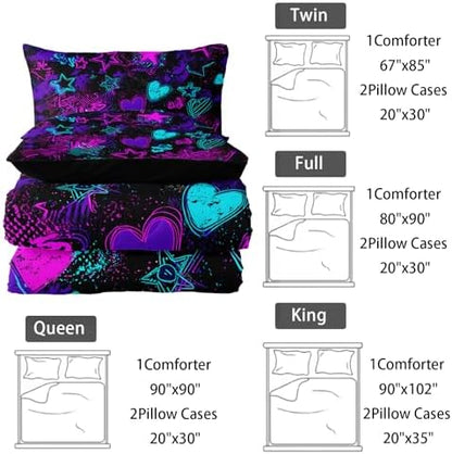 Nttopship Purple Stars Comforter Set King Size,Galaxy Starry Printed Bedding Set,Purple Heart Room Decor with Soft and Lightweight Comforter and 2 Pillowcases