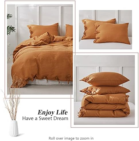 Simple&Opulence 100% Linen Duvet Cover Set 3pcs with Bowknot Ties Closure Natural French Washed Flax Solid Color Soft Breathable Farmhouse Bedding - Rust, Queen Size