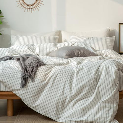 MooMee Striped Duvet Cover Set 100% Washed Cotton Linen Like Queen