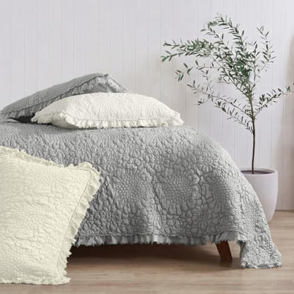 HORIMOTE HOME Dark Grey Ruffled Quilt Queen Size, Stone-Washed Microfiber Lightweight Crinkled Farmhouse Rustic Shabby Chic Bedding Set, 3 Pieces Reversible Bedspread with Pillow Shams for All Season