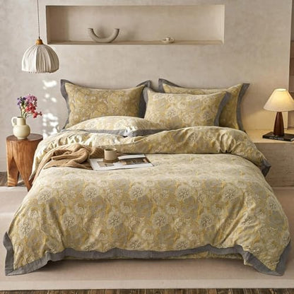 Golden Floral Duvet Cover Twin XL Vintage Jacquard Flower Bedding Set Linen Cotton Yarn-Dyed Textured Duvet Cover Bordered Farmhouse Boho Floral Comforter Cover with Zipper Closure Cozy Breathable