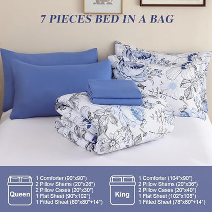 Luxudecor Queen Floral Comforter Set-7 Pieces Blue Bed in a Bag,Blue Flower Print on White Bedding Set,Soft Microfiber Comforter with Sheets for All Seasons (Blue,90"x90")