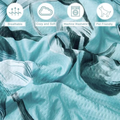 Luxudecor Floral Comforter Set Queen Size 7 Piece, Aqua Flower Bed in a Bag, Elegant Gradient Floral Comforter with Sheet Set, Soft Seersucker Microfiber Bedding Set for All Season (Aqua, 90"x90")