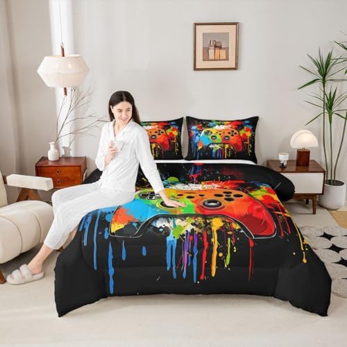 Erosebridal Gamer Comforter Set Graffiti Tie Dye Game Consoles Girl Toddler Bedding Set for Preteen Boys Girls Gaming Comforter Watercolor Abstract Art Quilt