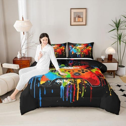 Erosebridal Gamer Comforter Set Graffiti Tie Dye Game Consoles Girl Toddler Bedding Set for Preteen Boys Girls Gaming Comforter Watercolor Abstract Art Quilt